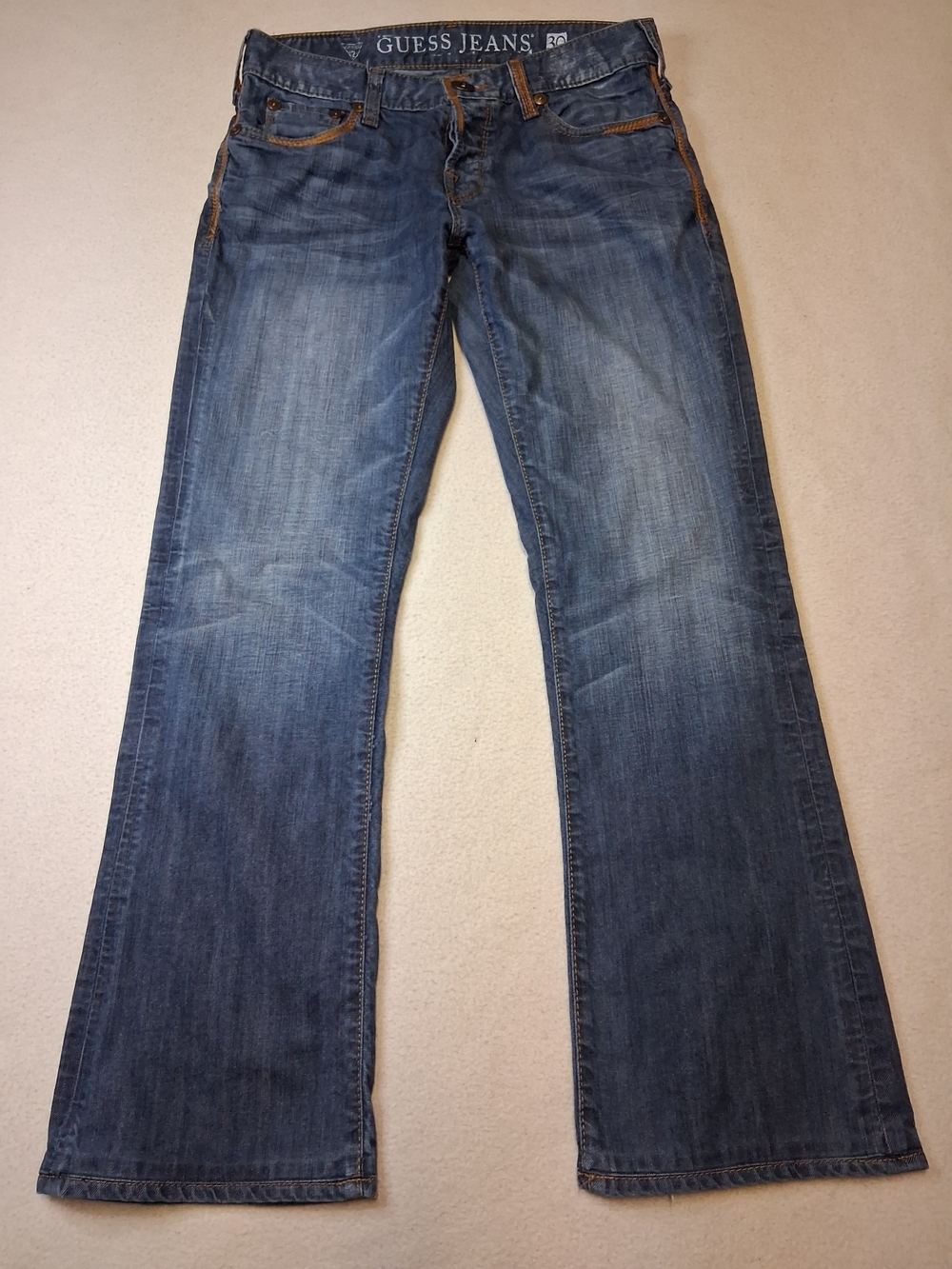 Guess Blue Faded Bootcut Jeans with Brown Stitching